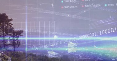 Hillside ve Valley Town üzerinde parlayan ikili kod akışları ve yüzdeleri gösteriyor. Fütüristik, teknoloji, açık hava, veri görselleştirme, manzara, dijital, daldırıcı