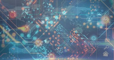 Arama sohbet grafiği ev simgelerindeki noktalı dünya haritası akış devresi izleri gösteriliyor. Teknoloji, bağlantı, veri, dijital, arayüz, fütüristik, ağ