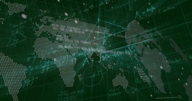 Kontrol odasındaki yeşil ızgara çizgileri üzerinde denklemler ve diyagramlarla noktalı dünya haritası gösteriliyor. Teknoloji, analitik, görselleştirme, fütürizm, veri, yenilik, zeka