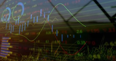 Sera bitkilerini kaplayan borsa grafiği mavi çizgileri, çok renkli çizgileri, kalp atışlarını gösteriyor. Biyofilik, fütüristik, çevresel, veri görselleştirme, botanik, anik, yenilikçi