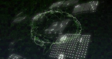 Sanal uzayda yarı saydam paneller arasında çift haneli süzülen üç boyutlu kablo beyni. Fütürist, teknolojik, dijital, yenilikçi, sürükleyici, soyut, siber