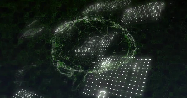 Sanal uzayda yarı saydam paneller arasında çift haneli süzülen üç boyutlu kablo beyni. Fütürist, teknolojik, dijital, yenilikçi, sürükleyici, soyut, siber