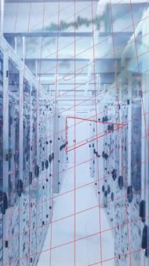 Bilgisayar sunucu odasına karşı veri işleme ve matematiksel denklemlerin animasyonu. Bilgisayar arayüzü ve iş veri depolama teknolojisi kavramı