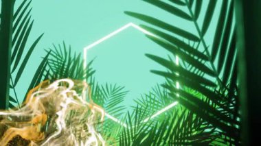 Nane arkaplan çerçeveli palmiye yaprakları, parlayan altıgen kıvılcımlar saçarak altın sıvının dış hatlarını sarıyor. Dijital sanat, soyut, fütüristik, neon, aydınlık, sinematik, sürrealizm