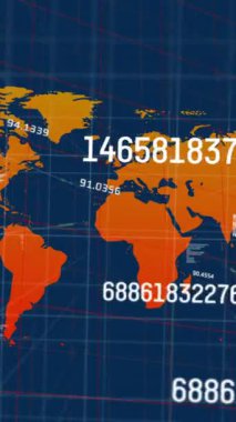 Dünya haritasında finansal veri işleme animasyonu. Küresel iş, ağlar, bağlantılar, hesaplama ve veri işleme kavramı dijital olarak oluşturulmuş video.