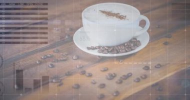 Pazar verilerini gösteren kahve fincanının üzerindeki harita ve göstergelerde kaybolan şebeke örtüsü. Finansal, analitik, dijital, içgörü, iş, yenilik, kırsal