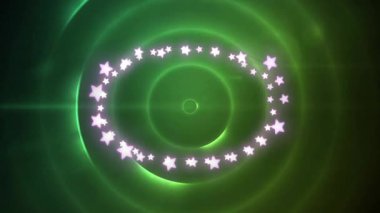 Başlangıçta, saat yönünde dönen parlayan beyaz yıldız halkası ve renk değişimini gösteren ışık dalgaları. Soyut, hareketli, kozmik, canlı, dinamik, geleceksel, çevresel