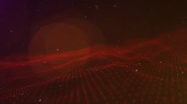 Mercekler sürükleniyor, beyaz parçacıkların dizayn için alçaldığı kırmızı nokta dalgasına dönüşüyor. Soyut, dijital, fütüristik, hareket, enerji, teknoloji, canlı