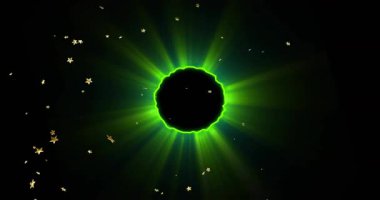 Küreden yeşil ışınlar yayıyor halkalar oluşmaya başlıyor ve yıldızlar enerji akışını görselleştirmek için kıvrılıyor. Fütürist, soyut, neon, kozmik, dinamik, dijital, ortam