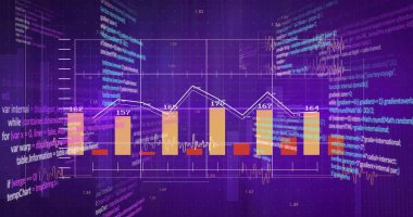 Sayısal etiketli altı çubuğu gösteren sanal gösterge paneli, ızgara çizgileri üzerinde çizgi grafiği, kod. Fütürist, dijital, soyut, veri, analitik, holografik, teknoloji