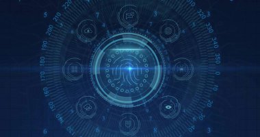 Mavi ızgarada, güvenlik simgeleriyle parlayan dairesel parmak izi tarayıcısı görülüyor. Siber güvenlik, dijital, fütüristik, teknoloji, güvenlik, kimlik doğrulama, veri