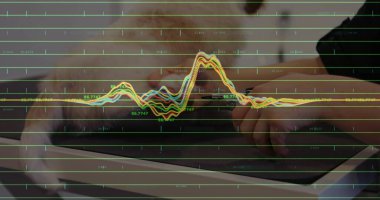 Kedi patisi tutan fırça kaplı veteriner, göğüs kafesine steteskop yerleştiriyor ve dalga şeklinde çizgiler çiziyor. Veterinerlik, hayvan sağlığı, izleme, petcare, klinik, teşhis, profesyonel