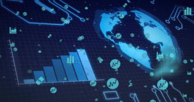 Dijital ızgara arayüzünde, yüzen simgelerle birlikte 3 boyutlu sağ ve yükselen çubuk grafiği gösteriliyor. Teknoloji, analitik, fütüristik, görselleştirme, yenilik, dijital, veri