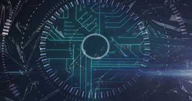 Disk ve dişli halkası ekranda izler yayıyor, ikili arıza çizgileri ve işaret fişekleri var. Teknoloji, siber güvenlik, dijital, geleceksel, yenilik, arayüz, veri