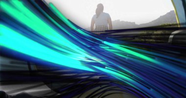 Ayakta duran yetişkin bir kadın kırsal açıdan yuvarlanan yeşil tepeleri, deniz mavisi ve deniz mavisi şeritleriyle izliyor. Manzara, manzara, sükunet, doğa, dijital sanat, sükunet, keşif