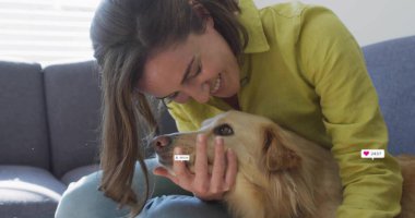 Altın kürklü köpek beşiği ve oturma odasındaki gri kanepede sosyal simgelerle burun okşamak. Arkadaşlık, konfor, aile içi, sevgi, konfor, yaşam tarzı, petcare