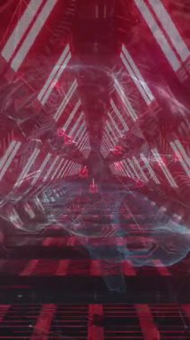 İnsan beyninin animasyonu, kırmızı neon tünelde. Küresel bilim, veri işleme ve dijital olarak oluşturulan ağ konsepti.