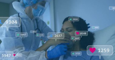 Klinikçi hastadan oksijen maskesi alıyor ve nefes alan ikonların büyümesini sağlıyor. Sağlık, tıbbi, klinik, koruma, şefkat, iyileşme, teknoloji