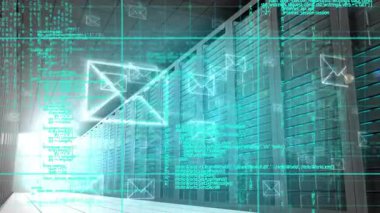 Izgara çizgileri zarf simgelerini başlatıyor ve sunucu koridorunda e-posta akışını gösteriyor. Gelecekçi, dijital, siber güvenlik, teknoloji, ağ, veri, kesinlik