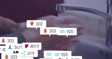 Kadınlar muslukta el yıkama, avuçlarını ovma sosyal medyanın ilgisini göstermek için yükselen ikonlar. Dijital, hijyen, bağlantı, modern, etkileşim, teknoloji, temizlik