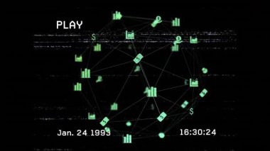 PLAY göstergesi, dönen yeşil simge ağını gösteriyor. Dönen zaman kodlarını güncelliyor. Retro oynatıcıyı güncelliyor. Veri görselleştirme, dijital ağ, neon grafikler, teknoloji, fütüristik arayüz, hareket grafikleri