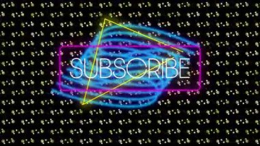 Şebeke yanıp sönmesi neon girdap, pembe çerçeve, sarı üçgen ve CTA için SUBSCRIBE mesajlarına neden oluyor. Dijital, animasyon, fütürist, teknoloji, neon, multimedya, grafik