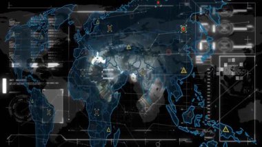Holografik harita Afrika üzerinde girdap oluşturuyor, sınırları takip ediyor, simgeleri açıyor ve okumaları güncelliyor. Etkileşimli, geleceksel, dijital, analitik, veri görselleştirme, teknoloji, ağ