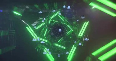 Neon tüneli açıldığında, kamera ilerliyor ve verileri gösteren medya simgeleri ortaya çıkıyor. Fütürist, siber uzay, ağ, dijital, teknoloji, canlı, soyut