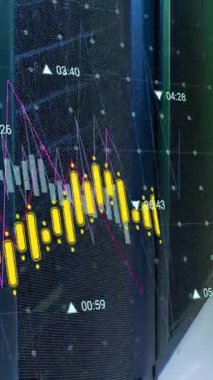 Animation of data processing against computer server room. Computer interface and business data storage technology concept