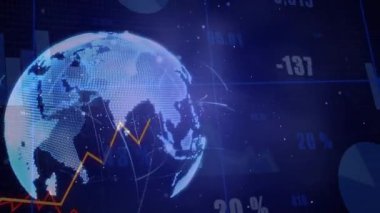 Dünya beliriyor, grafik yükseliyor, yüzdeler azalıyor, kavisler süpürülüyor, veri alışverişini gösteren grafikler. Küresel ağ, veri analizleri, dijital teknoloji, bağlantı, görselleştirme, finansal büyüme