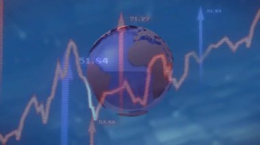 Çizgi grafiği 46.03 'e vurdu. Küre zayıflıyor, parmaklıklar yükseliyor, uçaklar yörüngede dönüyor, trafiği görselleştiriyor. Veri, görselleştirme, analitik, teknoloji, küresel, dijital, yenilik