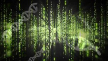 Kod akışları açılıp parlayan çekirdeğe yaklaşırken DNA sarmalları dönerek veri akışını gösteriyor. Gelecek, teknoloji, soyut, dijital, siber, bilim, hareket