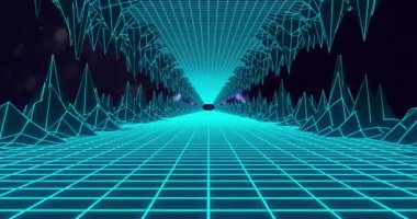 Gösterici neon cyan ızgara koridorundan aşağıya doğru ilerliyor. Işıldayan menekşe zirveleri, büyüyen derinlik. Fütürist, dijital, neon, sürükleyici, soyut, sanal, bilim kurgu