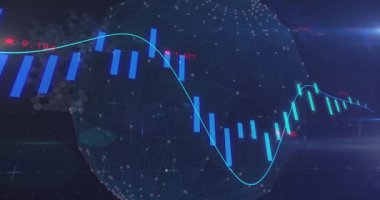 Küre oluşumu, çubuklar pazar döngüsünü hareket ettirdikçe trend çizgisinin düşüşünü ve yükselişini gösteren grafikler oluşturuyor. Dijital, analiz, parlak, finans, teknoloji, fütüristik, veri