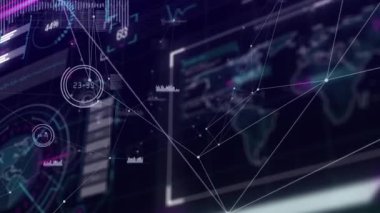 Veri noktalarını birbirine bağlayan monitörlerde ortaya çıkan düğümler, ağın tamamlandığını gösteren dalgalanan göstergeler. Teknoloji, bağlantı, veri görselleştirme, dijital ağ, siber güvenlik, yenilik, fütürist