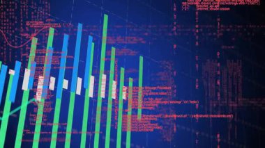 Çubuklar küçülüyor, boyut olarak büyüyor, kırmızı kod ve eğilim çizgisi ise veri eğilimlerini gösteriyor. Veri görselleştirme, dijital analiz, iş zekası, minimalist, fütürist, teknoloji