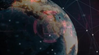 Dönen Dünya düğümü ortaya çıkarıyor, titreşen kilit simgesi, kaybolan etiket güvenliği işaret ediyor. Küresel bağlantı, siber güvenlik, veri iletimi, dijital ağ, teknoloji, bilgi güvenliği