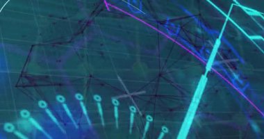 Başlangıç çubuklarında çapraz kayma ve ağ yayı dönerken oluşan düğümler veri akışını gösterir. Fütürist, teknoloji, dijital, soyut, bağlantı, görselleştirme, siber