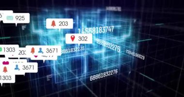 Neon-blue ızgara tüneli bilgi baloncuklarını başlatıyor. Artan sayılar çatışmayı gösteriyor. Gelecekçi, dijital, sanal, teknoloji, bağlantı, sosyal, dinamik