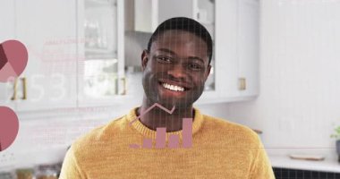 Mutfakta sarı kazaklı bir adam, yüzen turta grafikleri beliriyor, verileri kod kaplamalarıyla analiz ediyor. Veri görselleştirme, analitik, teknoloji, modern, dijital, profesyonel, finans