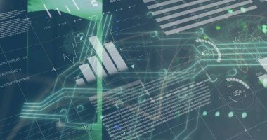 Veri görselleştirme ortamında çubuk grafikleri ve dairesel göstergelerle geleceksel gösterge paneli gösteriliyor. Teknoloji, yenilik, analitik, kullanıcı arayüzü, dalgın, spektral, dijital