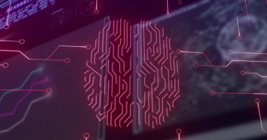 Veri konsolundaki neon-pembe devre beyninden veri grafikleri ve küreyle devre izleri yansıtıyor. Gelecekçi, teknoloji, nöral, dijital, yapay zeka, yenilik, siber güvenlik