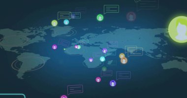 Dünya haritası arayüzünde yeşil avatar simgesi görüntüleniyor. Sohbet baloncukları, dalgalar, kopyalama alanı. Ağ, bağlantı, siber alan, dijital, küresel, iletişim, görselleştirme