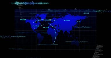 Veri akışı monitöründe ızgara bağlantı yay ve metrikleri ile dünya haritası gösteriliyor. Veri görselleştirme, dijital arayüz, gelecek, teknoloji, analitik, ağ, siber