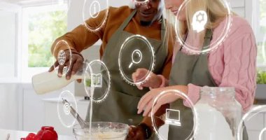 Süt şişesi toplamak, aşçı ve partneri pişirmeyi gösteren yüzen ikonlarla mutfakta karıştırmak. Aşçılık, işbirliği, yerli, modern, aşçılık, takım çalışması, süreç