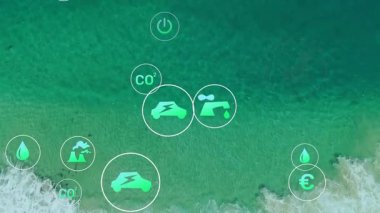 Yeşil simgeler kıyıda titreşirken dalgalar kayboluyor, kayıyor, köpüklere karışıyor ve verileri gösteriyor. Çevresel, sürdürülebilirlik, yenilenebilirlik, korunma, ekoloji, dijital, çevre dostu