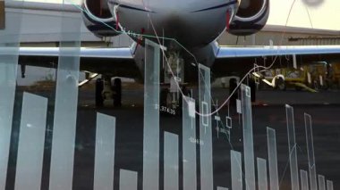 Jet yakın çekim gösterimi, kamera arkası, çubuklar trendleri gösteren şamdanlar. Lüks, havacılık, veri görselleştirme, fütüristik, kurumsal, iş dünyası, teknoloji