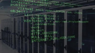 Bir saniye sonra C + + kod ortaya çıkıyor ve rafların üzerinde yukarı doğru kayıyor, kesişim mantığını görselleştiriyor. Teknoloji, veri merkezi, programlama, siber güvenlik, ağ, altyapı, kod