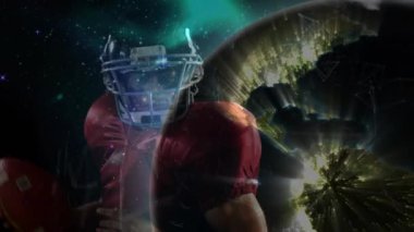 Futbol oyuncusu yıldız sahasına çıkıyor ve spor teknolojisi ağını gösterirken küresel dönüşünü başlatıyor. Sporcu, bağlantı, bilim, dijital, yenilik, teknoloji, görselleştirme