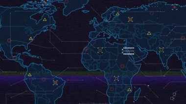 Başlangıçta neon harita kaydırma, simgeler ve hex ızgaraları görünüyor, veri izleme için bölgeleri birbirine bağlayan çizgiler. Dijital, görselleştirme, teknoloji, analitik, fütüristik, ağ, uluslararası